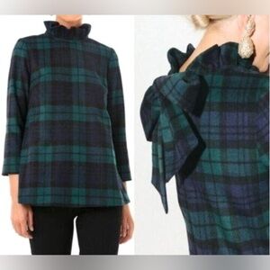 Tuckernuck Blackwatch Plaid Faye Blouse ruffle collar and bow on back size XS